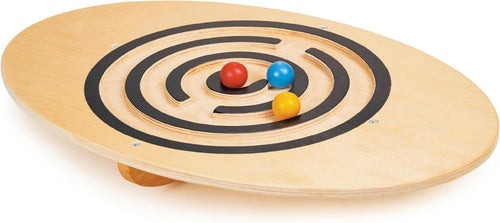 Wooden balance board with concentric circles and colorful balls 