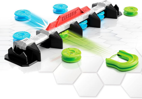 Toy track set with colorful components on a white background