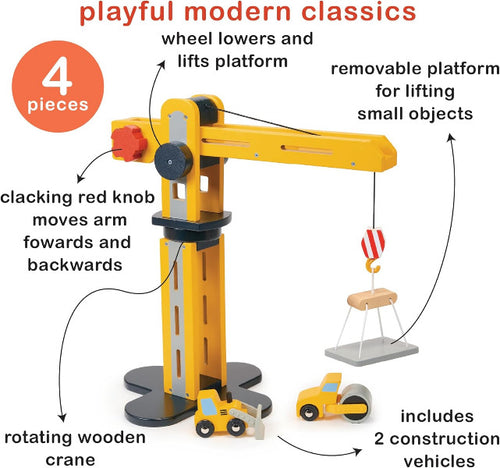 Toy crane set with features highlighted on a white background