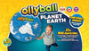 Ollyball Planet Earth product packaging with a child holding it against a yellow background