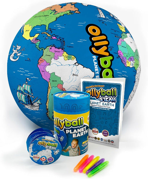 Oilyball Planet Earth educational toy set with globe, canisters, and markers on a white background