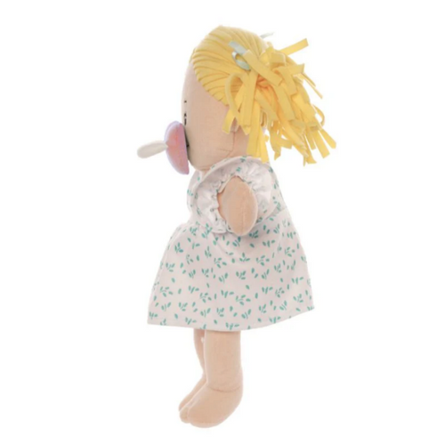 Plush toy doll with blonde hair and floral dress