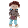 Plush toy doll with brown hair, wearing a brown coat with a bicycle emblem, blue pants, and brown shoes