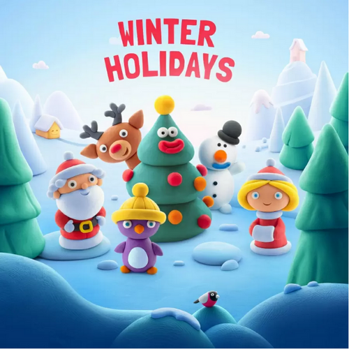 winter holiday characters made of clay including Santa Claus, a reindeer, a penguin, and a snowman against a snowy landscape.