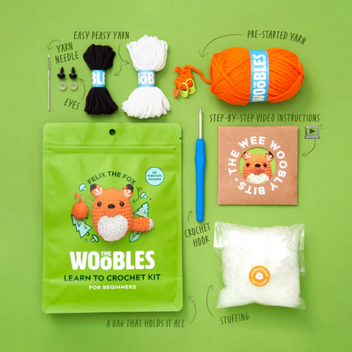 Woobles crochet kit with yarn, needle, eyes, and other supplies
