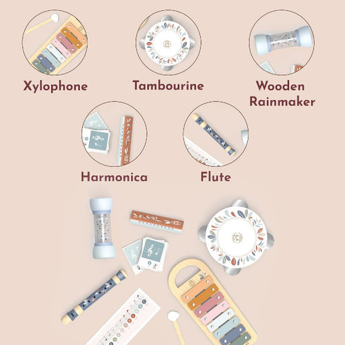 Collection of musical instruments including xylophone, tambourine, wooden rainmaker, harmonica, and flute on a beige background.