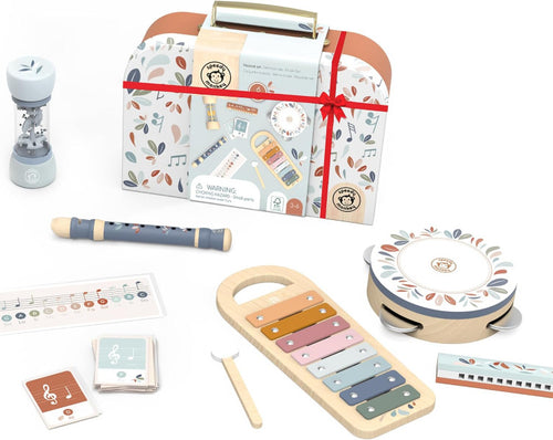 Set of musical toys including a xylophone, tambourine, and other instruments with a patterned box